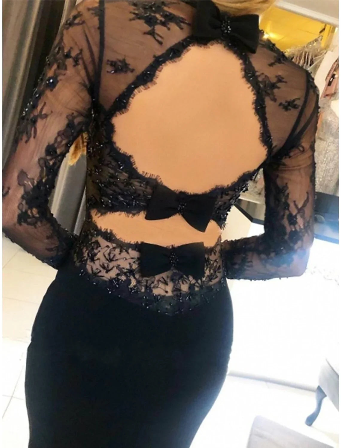 Mermaid / Trumpet Prom Dresses Open Back Dress Formal Court Train Long Sleeve Strapless  Fabric Backless with Beading Appliques